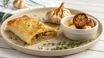 Brik with roasted garlic infusion served alongside herb potatoes and baked garlic