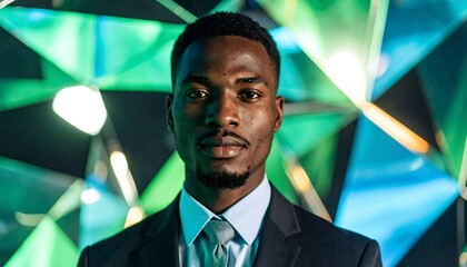 Man in Suit Posing in Front of Geometric Backdrop