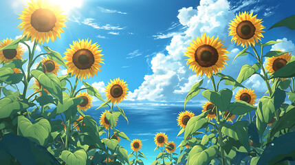 The digital illustration depicts a vibrant summer scene with tall sunflowers in full bloom, a bright blue sky, fluffy white clouds, an ocean or lake, and lush green leaves.