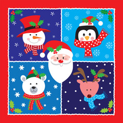 christmas card, gift bag or box design with santa and friends	