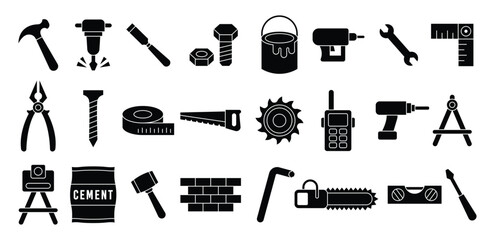 Building Construction Black Icon Featuring Hammer Drill, Wrench, Saw, Carpentry, Electrical, Mechanical, Brick, Maintenance, Fix Symbol Vector Design on a White Background
