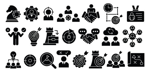 Business Management Strategy in Black Icon Featuring Goal, Oriented, Soution, Target, Diagram, Network, Finance, Marketing, Office, Workflow Symbol Vector Graphics Design Illustration Collection