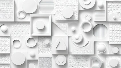 Abstract geometric pattern in white.  A variety of shapes, including squares, circles, triangles, and ovals, are layered and textured on a white background, creating a dynamic visual effect