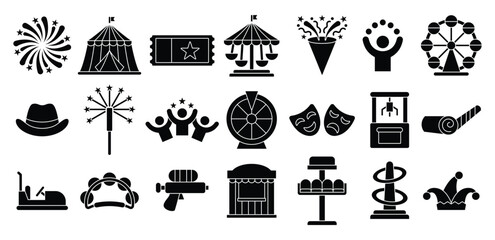 Carnival Black Color Icon Featuring Amusement Rides and Entertainment Attractions, Celebration, Ticket, Prize, Mask, Hat, Booth, Tent, Game, Firework, Symbol Vector Design Illustration