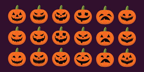 Halloween pumpkins set vector design. Halloween orange pumpkin with funny faces for holiday season spooky trick or treat collection
