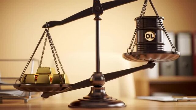 A balanced scale displaying gold bars on one side and an oil canister on the other