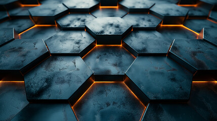 Dark hexagonal metal tiles with glowing orange edges & Perfect for technology, sci-fi, or industrial design backgrounds