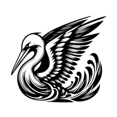 Obraz premium Pelican with wings spread in water, isolated on white background