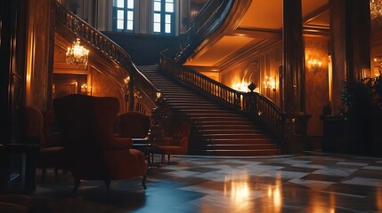 Grand Staircase in Elegant Foyer with Warm Lighting and Ornate Details
