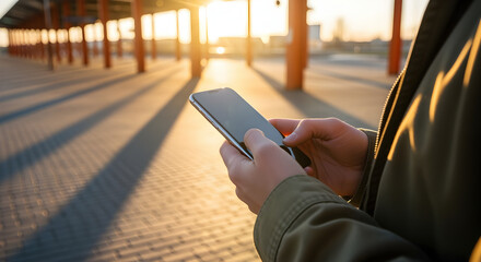 Person Using Smartphone on Platform with Sunlight and Red Pillars Cityscape Background