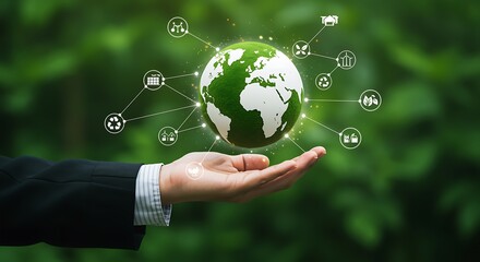 Hand holding green earth with environmental icons and network connections Keywords: earth, globe