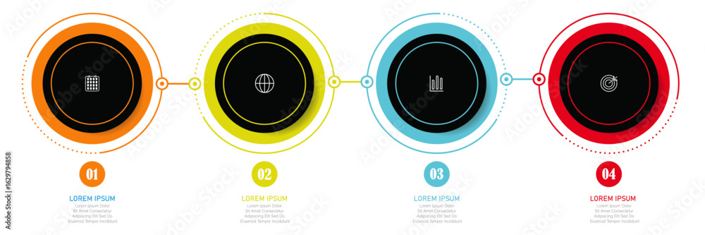 Poster four-step business infographic in 3d circle layout with dotted lines and icons for technology, workf