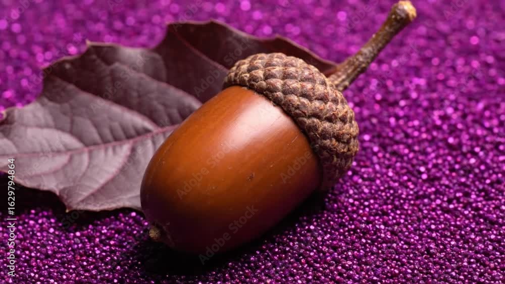 Poster acorn with textured cap stem resting next to a leaf on a shiny purple surface