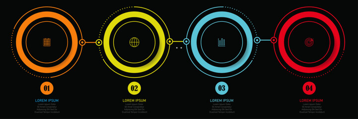 Modern 3D infographic template with icons and dotted circular path showing 4 steps for business planning and data visualization.