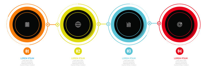 Four-step business infographic in 3D circle layout with dotted lines and icons for technology, workflow, strategy, and reports.