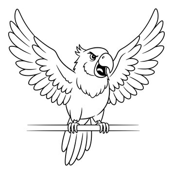 Cartoon Illustration of an Angry Parrot Perched on a Bar with Wings Spread, Black and White Outline