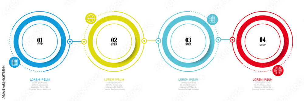 Aufkleber 3d circle infographic template – 4-step business layout with icons and dotted line path for digital 