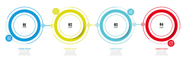 3D circle infographic template – 4-step business layout with icons and dotted line path for digital marketing