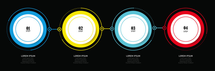 Modern infographic with 4 circle steps – Dotted line and icon elements for business process and data visualization