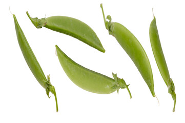 Raw sugar snap pea pods arranged on a white background, ideal for healthy eating, salads, or cooking ingredients