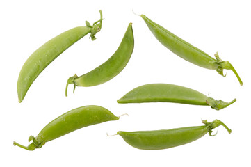 Fresh green sugar snap peas on white background