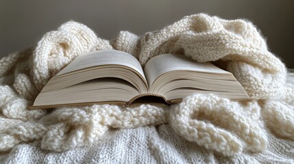 Cozy Reading Scene with Open Book and Soft Knit Blanket