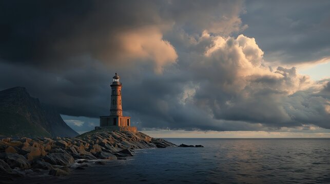 Old lighthouse on a rocky point, stormy sea behind, dramatic clouds cinematic lighting