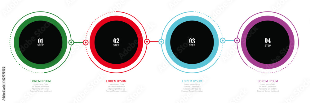 Aufkleber dotted line circle infographic with 4 steps – icon-based template for business process, data present