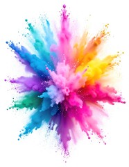 A vibrant, isolated vector illustration of a colorful powder explosion, showcasing a dynamic burst of hues like pink, blue, yellow, and green against a white background.