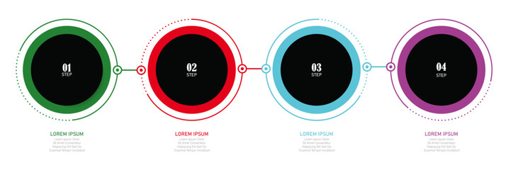 Dotted line circle infographic with 4 steps – Icon-based template for business process, data presentation, and digital reports