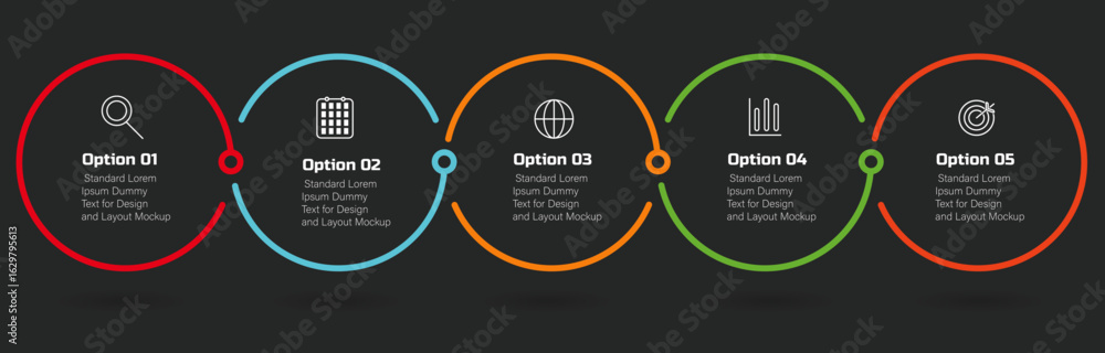Poster radial line infographic with icons – 5-step business data visualization circle for digital marketing