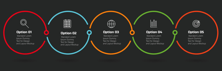 Radial line infographic with icons – 5-step business data visualization circle for digital marketing, process flow, and tech presentation