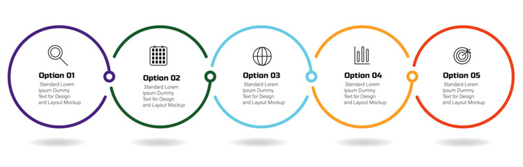 Radial line vector infographic – Business timeline with 5 steps circular layout for digital marketing, data, and technology flow