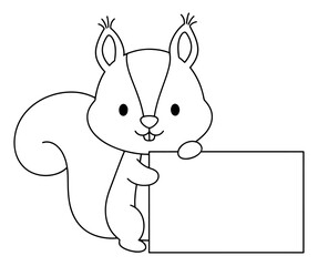 Cute Squirrel Holding a Blank Sign Outline Illustration