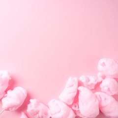 Fluffy, pastel-colored cotton candy swirls against a vibrant pink background, creating a whimsical and sweet atmosphere perfect for fun fairs or celebrations.