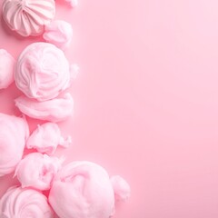 A cluster of fluffy white cotton balls scattered across a soft, pastel pink background, creating a gentle and soothing visual contrast.