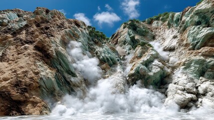 Obraz premium Steam rises from hot springs flowing through rugged rocky terrain with colorful mineral deposits