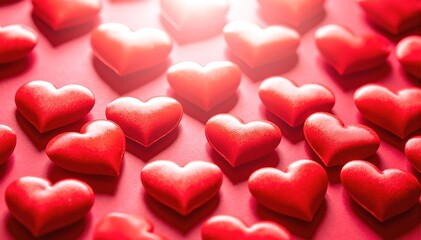 A vibrant array of numerous red hearts scattered playfully across a soft pink background, creating a cheerful and romantic atmosphere.