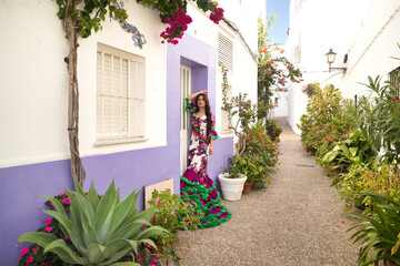 Young woman, beautiful, brunette, flamenco dancer, with a beautiful dress, posing leaning on a door...