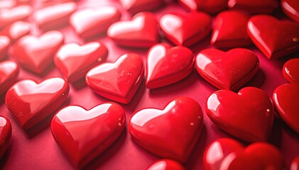 A vibrant collection of various red hearts scattered across a soft pink surface, creating a romantic and cheerful atmosphere perfect for celebrations.