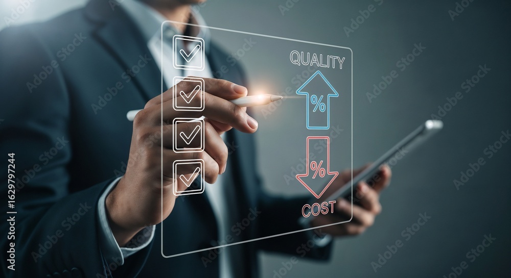 Poster a businessman using a stylus on a transparent tablet interface, ticking a checklist next to icons sh