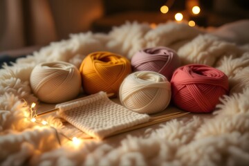 Cozy Knitting Supplies with Warm Fairy Lights