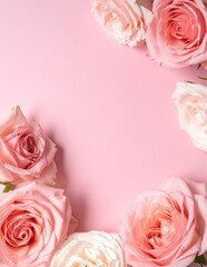 A delicate arrangement of soft pink roses, showcasing their velvety petals, elegantly placed against a subtle, light background that enhances their beauty.