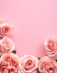 A delicate arrangement of soft pink roses with lush green leaves, set against a subtle, light background that enhances their romantic charm.