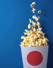 A classic white popcorn box overflowing with fluffy, buttery popcorn, set against a vibrant background, evoking a fun movie night atmosphere.