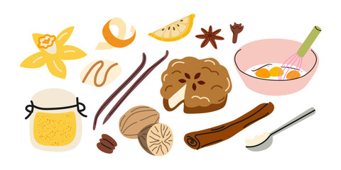 Ingredients and spices for homemade pie and baking. Cartoon doodle stickers of spice seasonal flavored products. Bright baking food in retro groovy style. Delicious sweet desserts