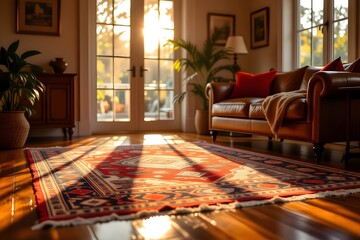 Cozy Living Room with Warm Sunlight and Persian Rug