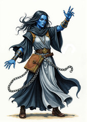Fototapeta premium Drow mage woman with indigo skin in dramatic mid-action casting pose – old school RPG fantasy character illustration of a female spellcaster with hand raised in magical energy gesture