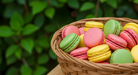 Basket of Colorful French Macarons on Wooden Table with a Green Nature Background