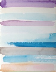 A vibrant watercolor painting featuring flowing stripes in rich shades of purple, soothing blue, and fresh green, blending harmoniously for a serene effect.